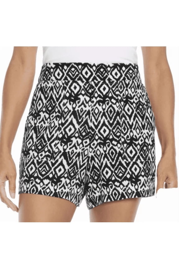 Womens Shorts, Black White Print, 5 Inseam, Elastic Waist, Pockets, XL