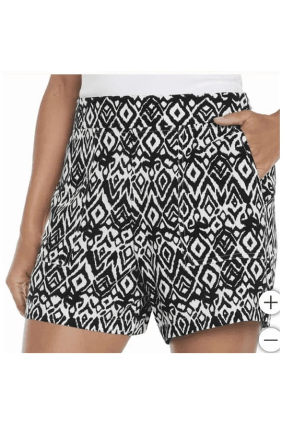 Womens Shorts, Black White Print, Elastic Waist, with Pockets, L