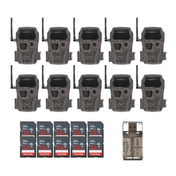 Wildgame Innovations Encounter XT Cellular 34MP Trail Camera with 720p Video Capture and 850nm LEDs (10-Pack) Bundle with 32GB UHS-I Memory Card (10-Pack) and 4-In-1 USB 2.0 Card Reader (21 Items)