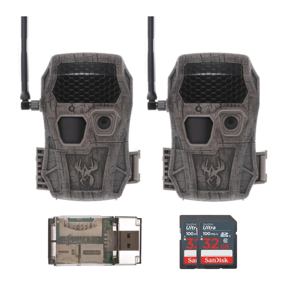 Wildgame Innovations Encounter XT Cellular 26MP Trail Camera with 720p Video Capture and 850nm LEDs (2-Pack) Bundle with 32GB UHS-I Memory Card (2-Pack) and 4-In-1 USB 2.0 Card Reader (5 Items)