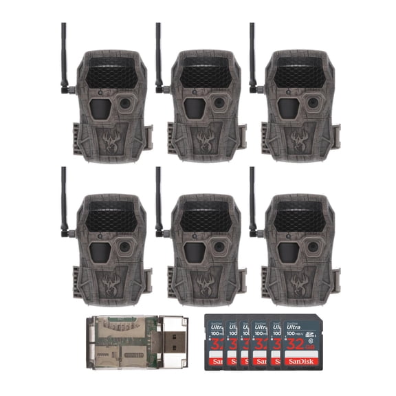 Wildgame Innovations Encounter XT Cellular 26MP Trail Camera with 720p Video Capture and 850nm LEDs (6-Pack) Bundle with 32GB UHS-I Memory Card (6-Pack) and 4-In-1 USB 2.0 Card Reader (13 Items)