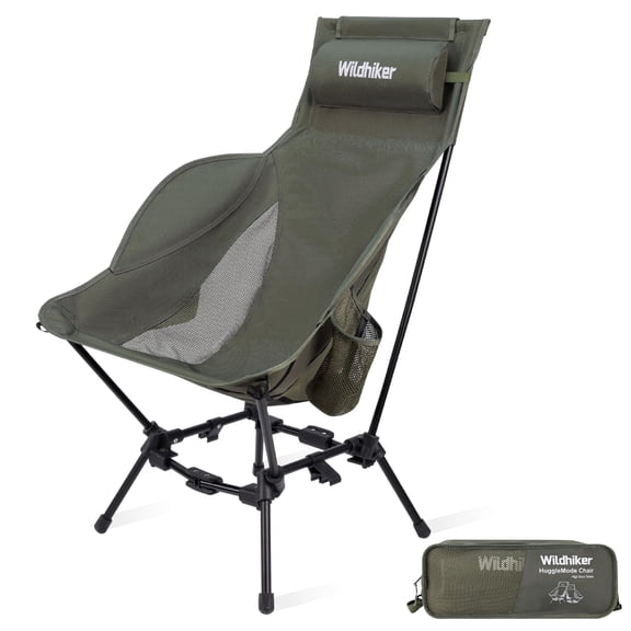 Wildhiker Compact High Back Camping Chair - Foldable with Dual Sitting Modes, Pillow, Arm Pads and Side Pockets - Lightweight Portable Chair for Motorcycle, RV, Festival, Travel - Black