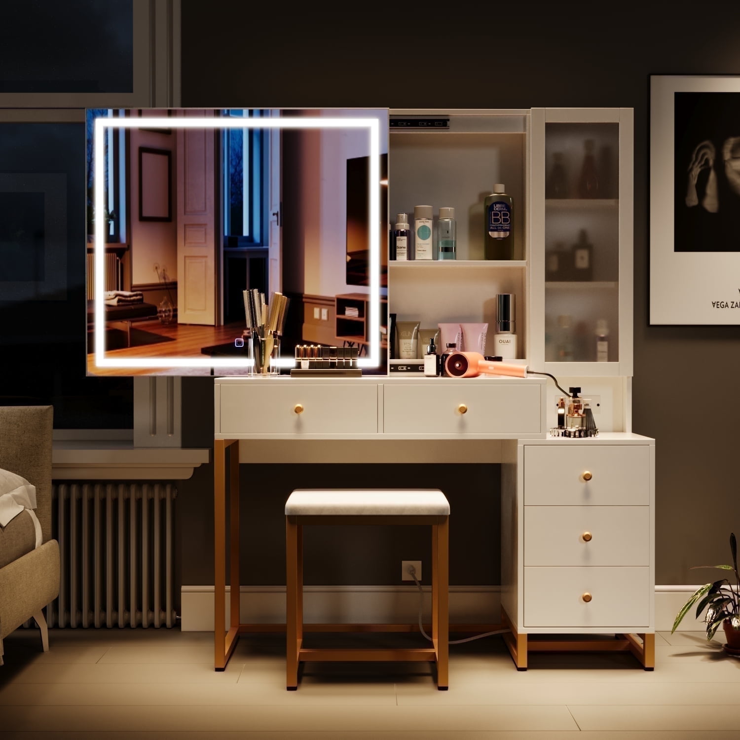 White Vanity Set with Lighted Mirror and Charging Station