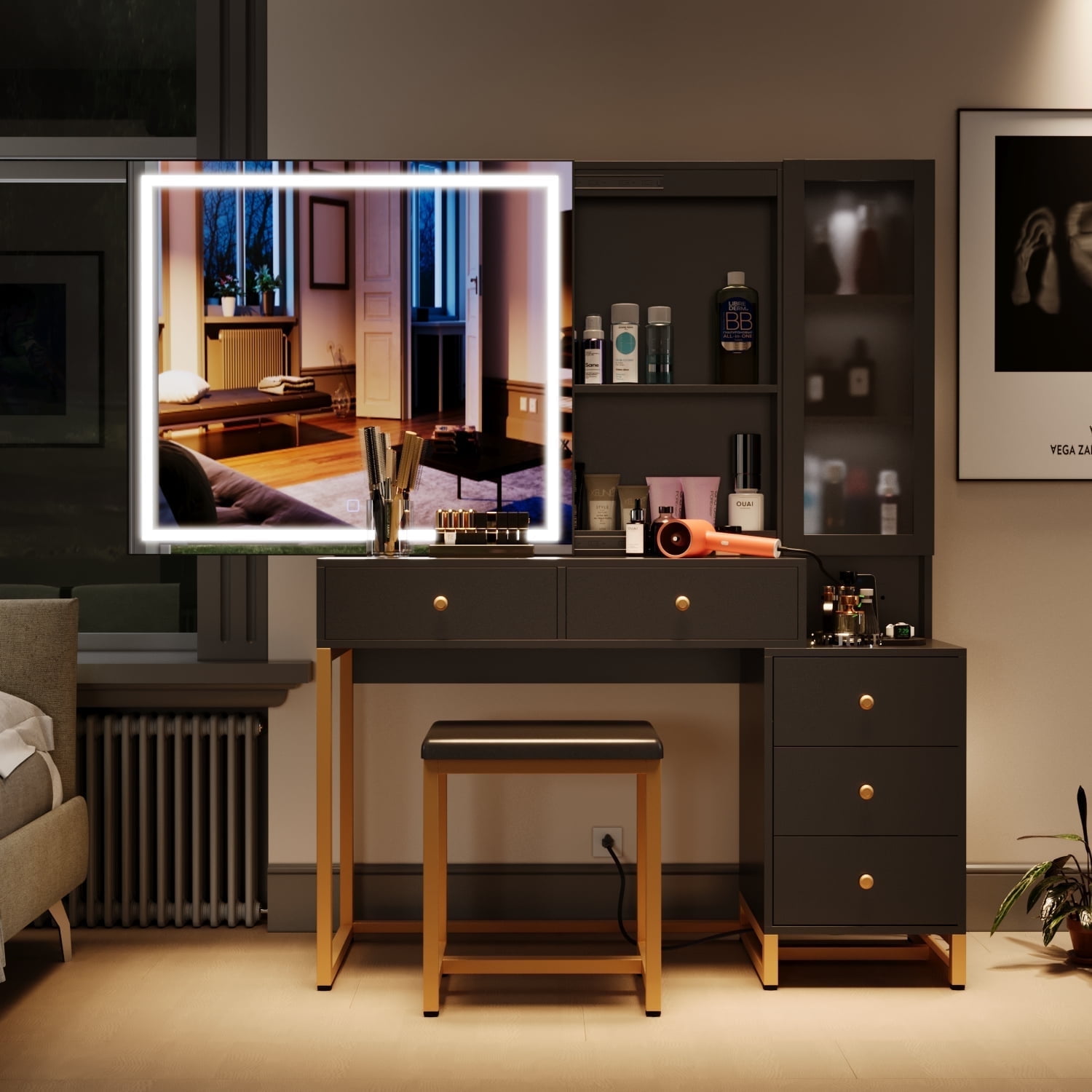 Black Vanity Set with Lighted Mirror and Charging Station