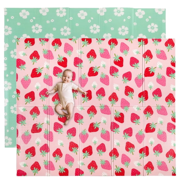 Wildkin Baby Play Mat - Large Folding Foam Play Mat for Infants, Babies, Toddlers, Waterproof, Double-sided (70" x 59") - Strawberry Patch