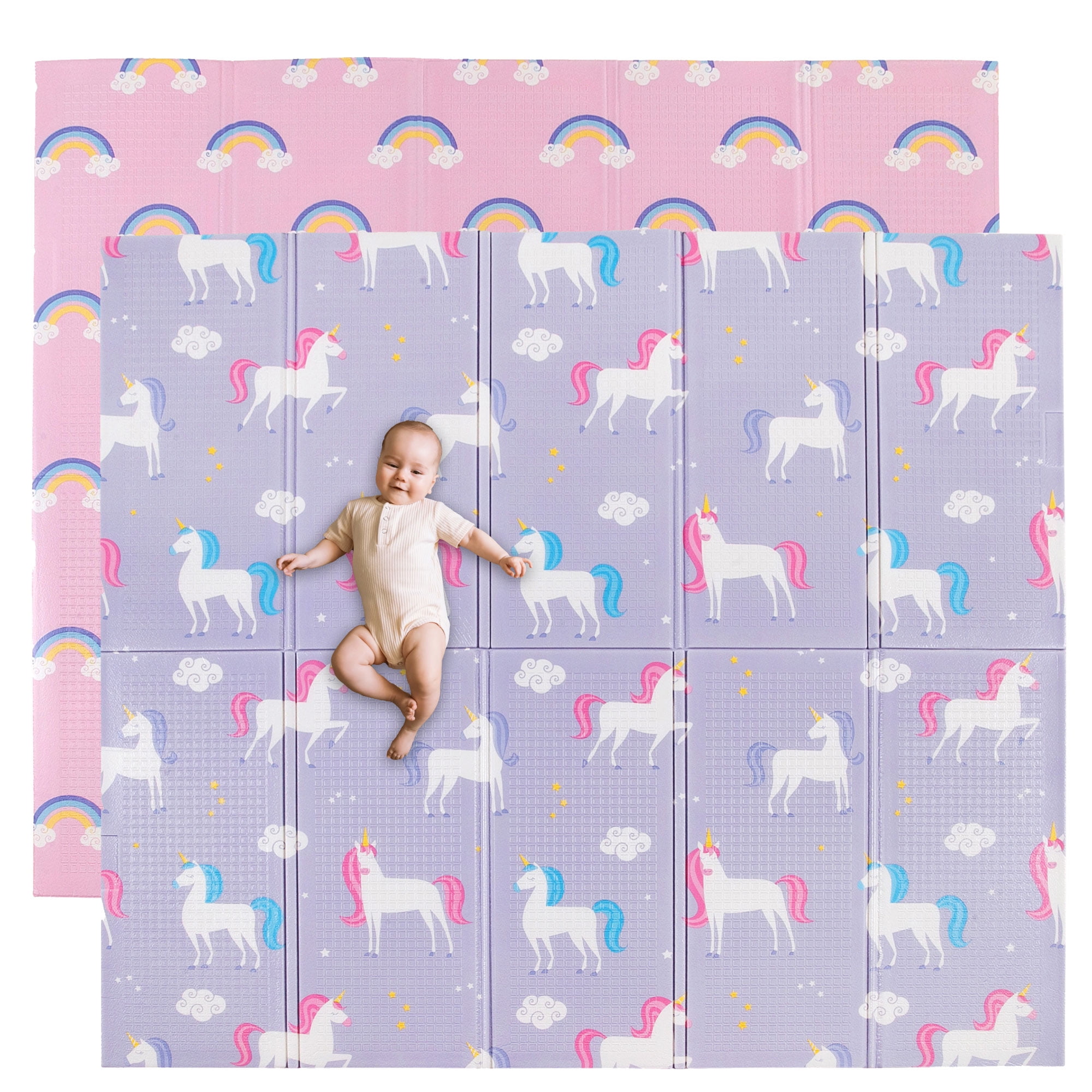 Wildkin Baby Play Mat - Large Folding Foam Play Mat for Infants, Babies, Toddlers, Waterproof, Double-sided (70" x 59") - Unicorn