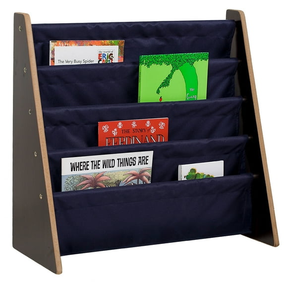 Wildkin Canvas Sling Book Shelf for Boys and Girls, Wooden Design Features Four Shelves - Espresso w/ Blue
