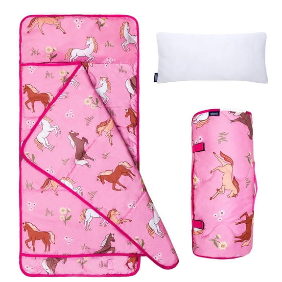 Wildkin Day2Day Nap Mat for Toddler Boys and Girls, Daycare and Preschool, Roll-up Design (Wild Horses Pink)