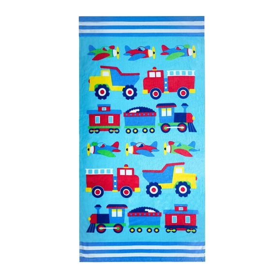 Wildkin Kids 100% Cotton Beach Towel for Boys and Girls (Trains, Planes & Trucks Blue)