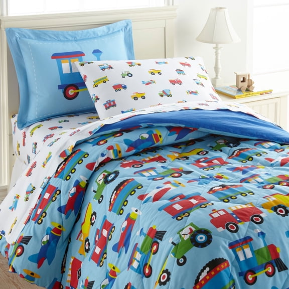 Wildkin Kids 100% Cotton Comforter Set for Boys and Girls, Includes Twin Comforter and Sham (Trains, Planes & Trucks Blue)