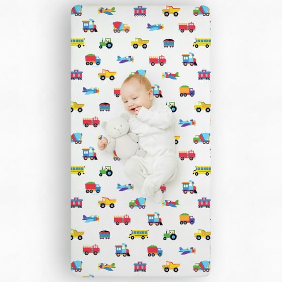 Wildkin Kids 100% Cotton Flannel Fitted Crib Sheet for Boys and Girls (Trains, Planes & Trucks Blue)