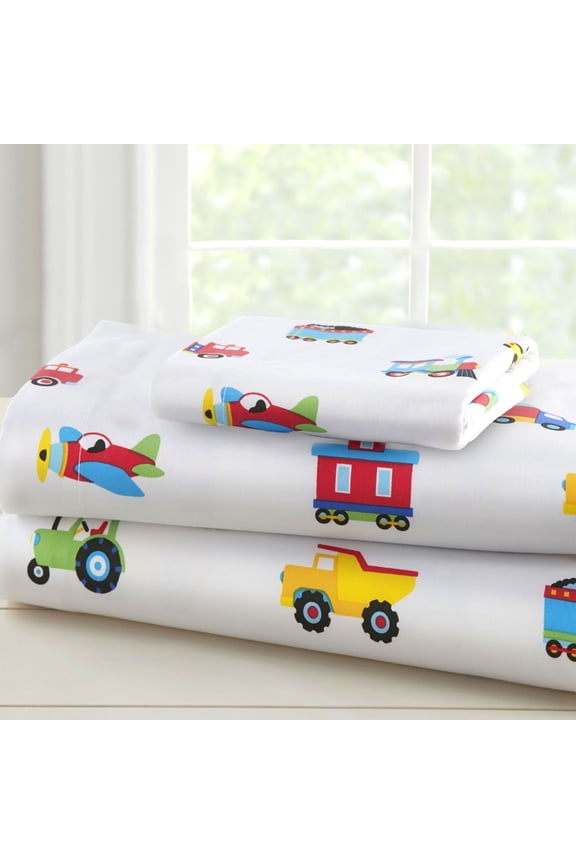 Kids 100% Cotton Sheet Set for Boys and Girls - Toddler (Trains, Planes & Trucks Blue)
