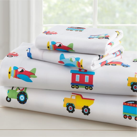 Wildkin Kids 100% Cotton Sheet Set for Boys and Girls - Twin (Trains, Planes & Trucks Blue)