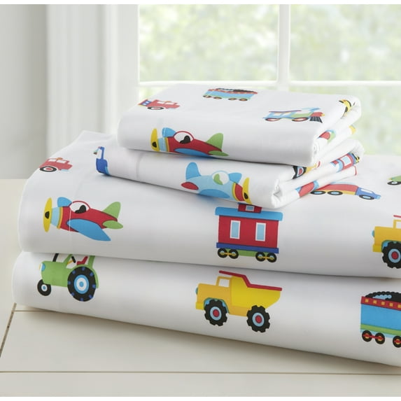 Wildkin Kids 100% Cotton Sheet Set for Girls and Boys - Full (Trains, Planes & Trucks Blue)