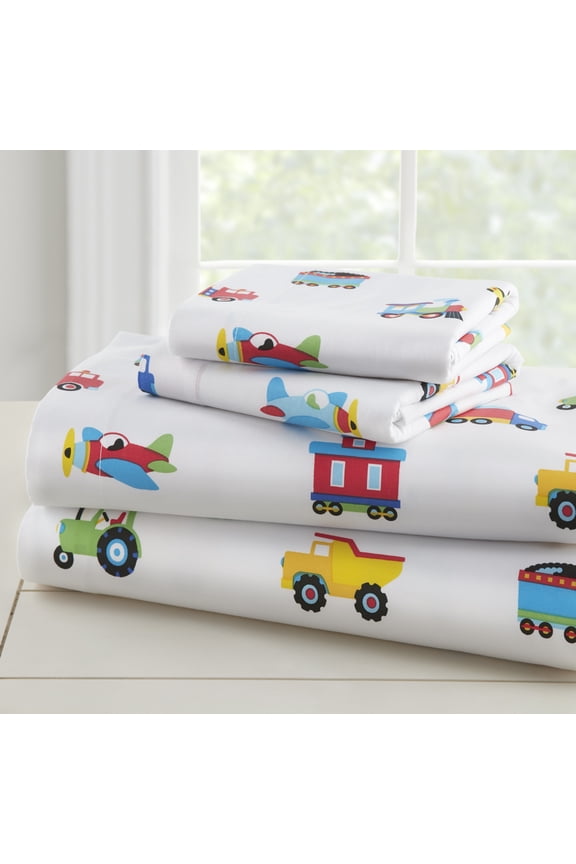 Kids 100% Cotton Sheet Set for Girls and Boys - Full (Trains, Planes & Trucks Blue)