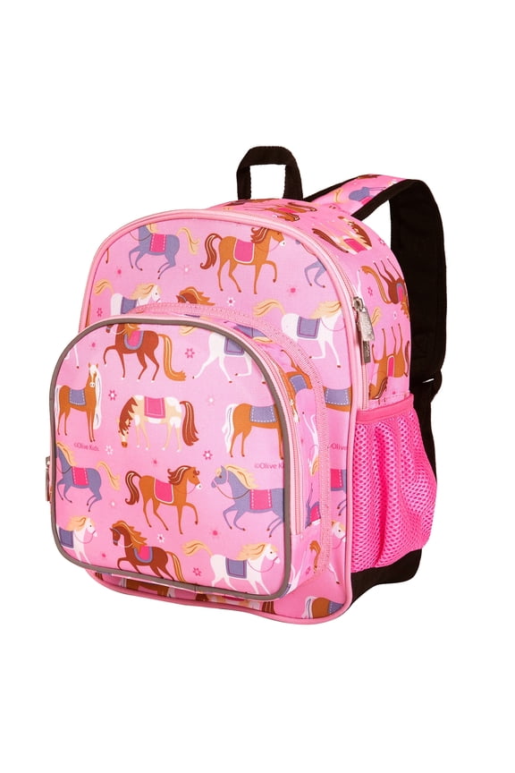 Kids 12 Inch Backpack for Toddler Boys and Girls, Insulated Front Pocket (Horses Pink)