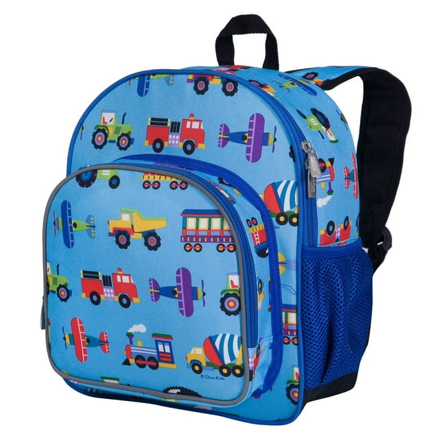 Wildkin Kids 12 Inch Backpack for Toddler Boys and Girls, Insulated Front Pocket (Trains, Planes & Trucks Blue)