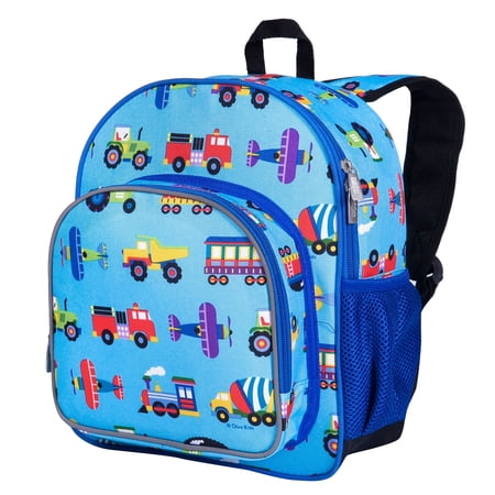 Wildkin Kids 12 Inch Backpack for Toddler Boys and Girls, Insulated Front Pocket (Trains, Planes & Trucks Blue)