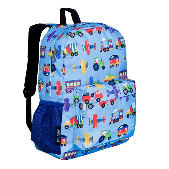 Wildkin Kids 16 Inch Backpack for Boys and Girls, Features Padded Back & Adjustable Straps (Trains, Planes &Trucks Blue)