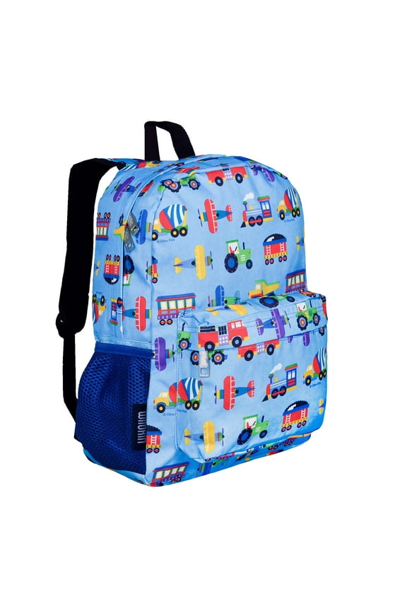 Kids 16 Inch Backpack for Boys and Girls, Features Padded Back & Adjustable Straps (Trains, Planes &Trucks Blue)