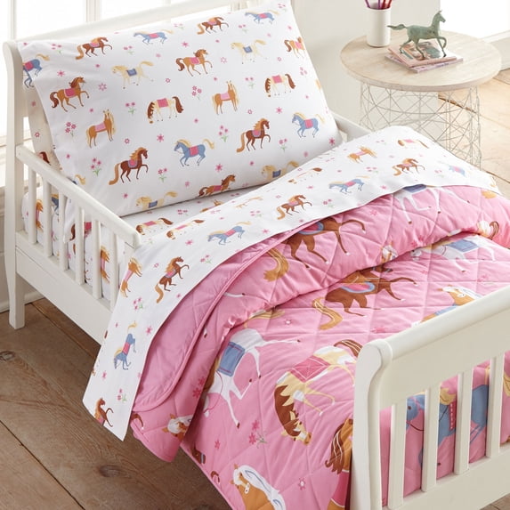 Wildkin Kids 4 Pc Toddler Cotton Bed in a Bag for Boys & Girls (Horses Pink)