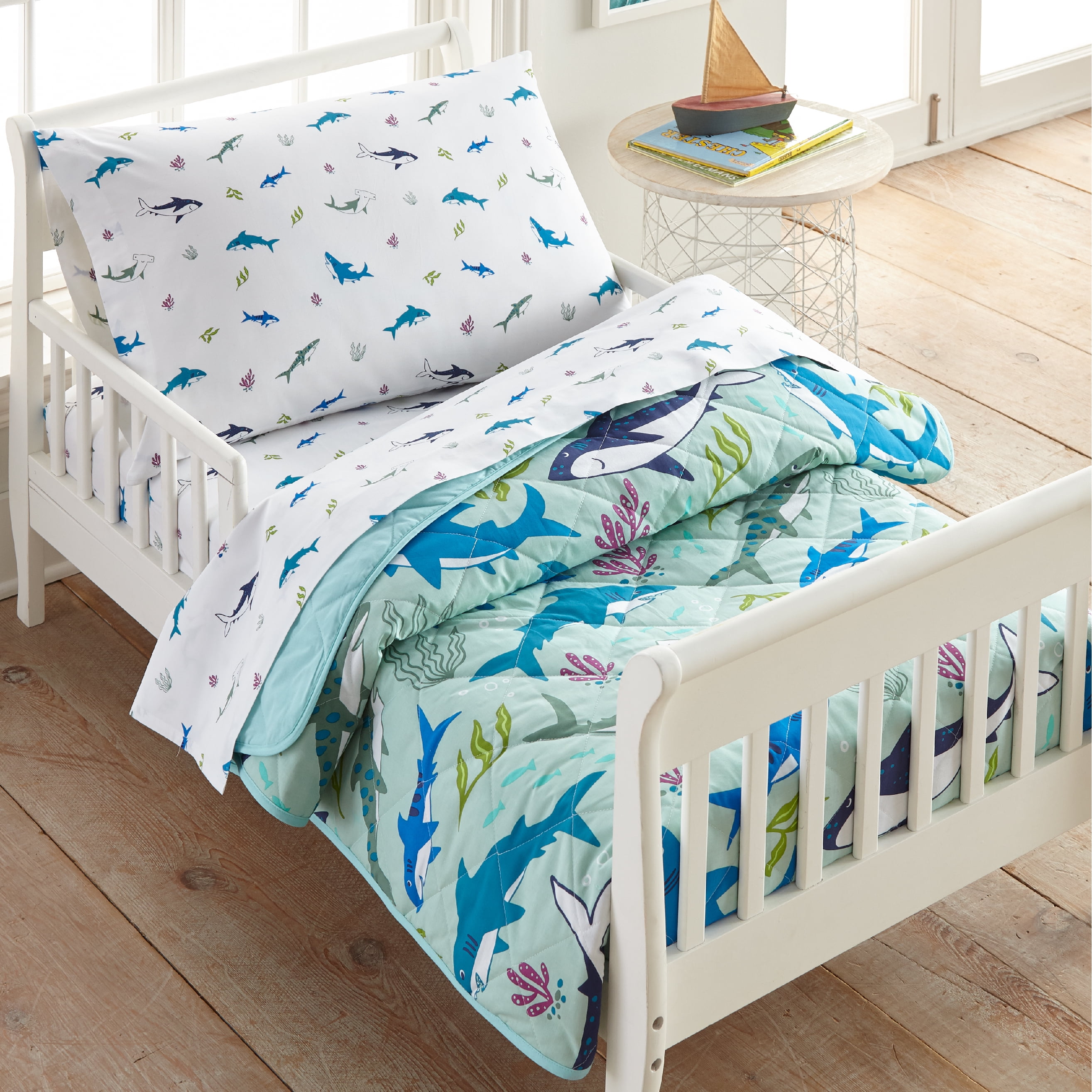 Wildkin Kids 4 Pc Toddler Cotton Bed in a Bag for Boys Girls Shark Attack Blue