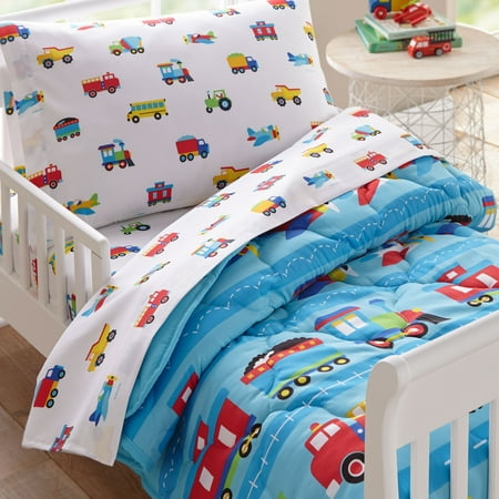 Wildkin Kids 4 Pc Toddler Microfiber Bed in a Bag for Boys & Girls (Trains, Planes & Trucks Blue)