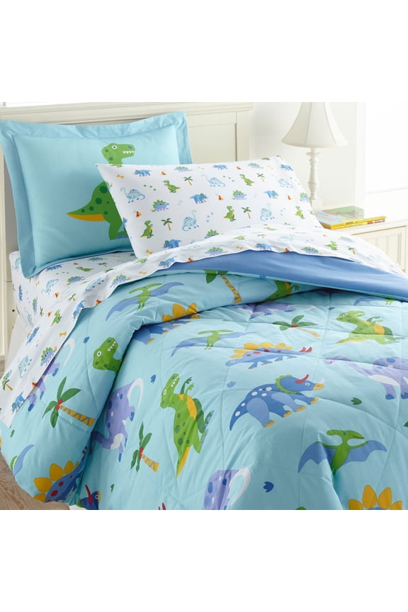 Kids 5 Pc Twin Cotton Bed in a Bag for Boys & Girls (Dinosaur Land Blue)