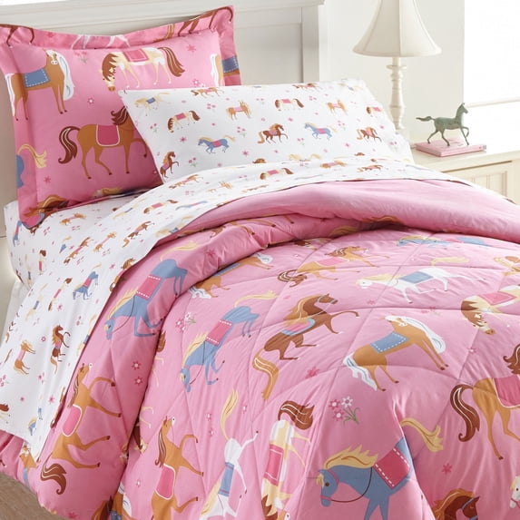 Wildkin Kids 5 Pc Twin Cotton Bed in a Bag for Boys & Girls (Horses Pink)