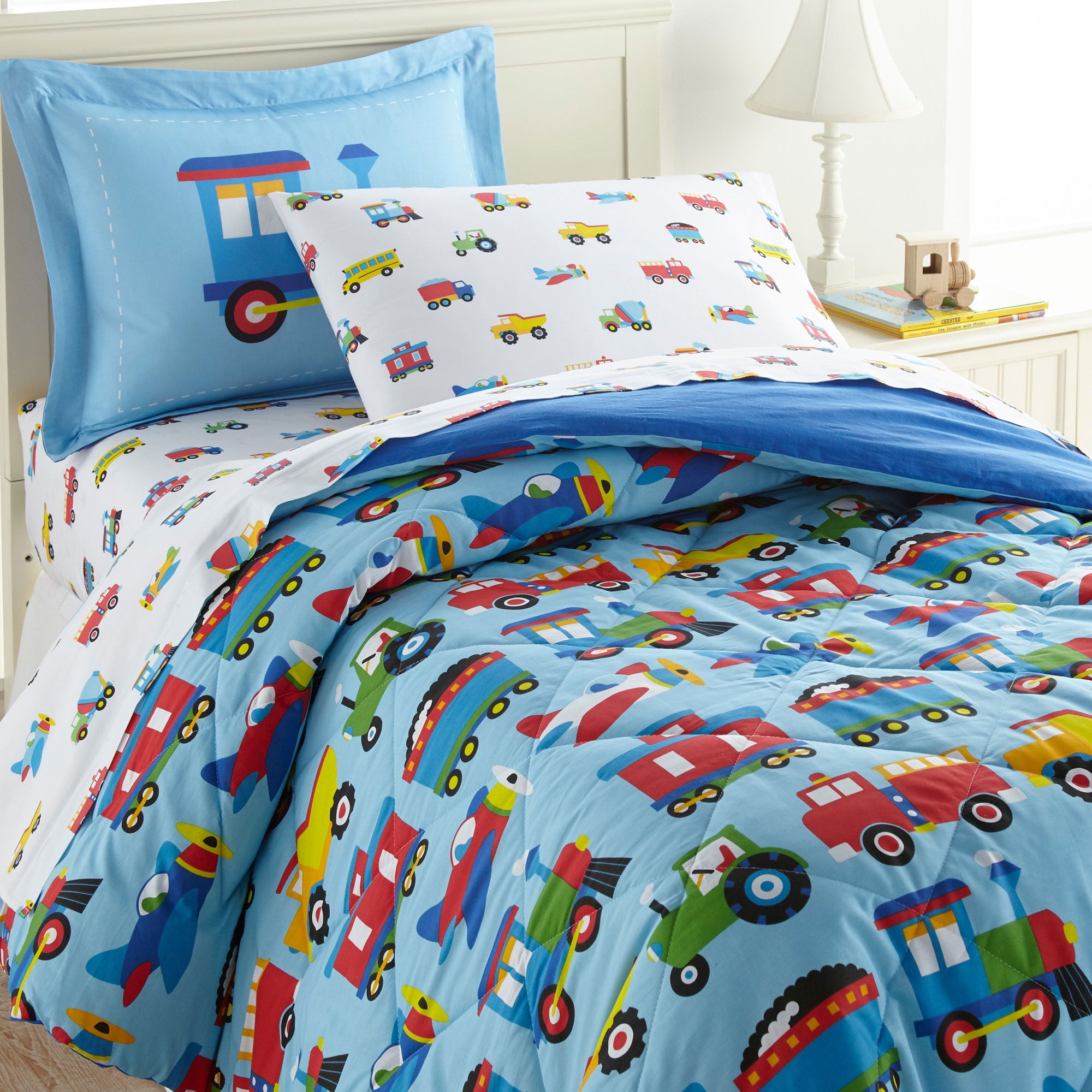 Blue Twin Cotton Kids Comforter Set with Playful Designs