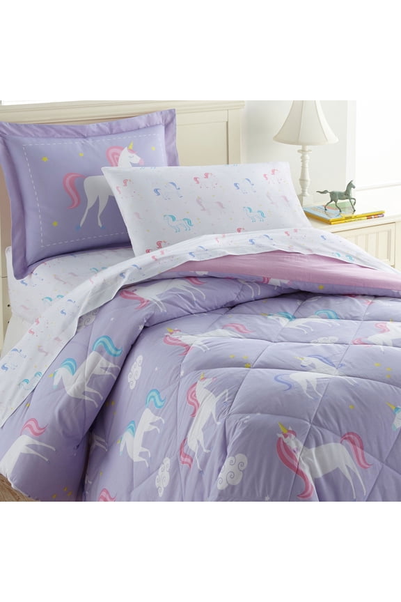 Kids 5 Pc Twin Cotton Bed in a Bag for Boys & Girls (Unicorn Purple)