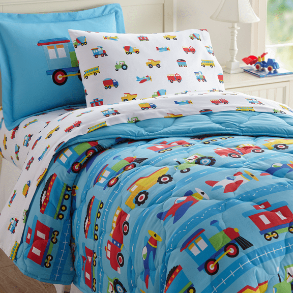 Wildkin Kids 5 Pc Twin Microfiber Bed in a Bag for Boys & Girls (Trains, Planes & Trucks Blue)