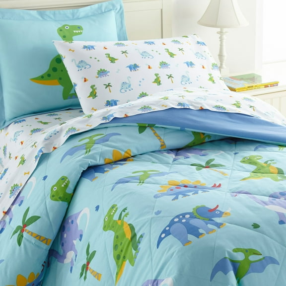 Wildkin Kids 7 Pc Full Cotton Bed in a Bag for Boys & Girls (Dinosaur Land Blue)