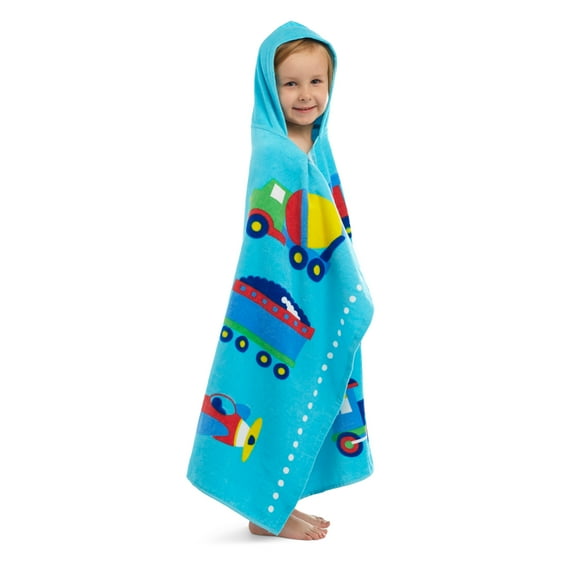 Wildkin Kids Hooded Beach Towel for Boys and Girls (Trains, Planes & Trucks Blue)