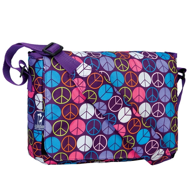 Wildkin Kids Messenger Bag for Girls, Perfect for School or Travel, 13 Inch (Peace Signs Purple)