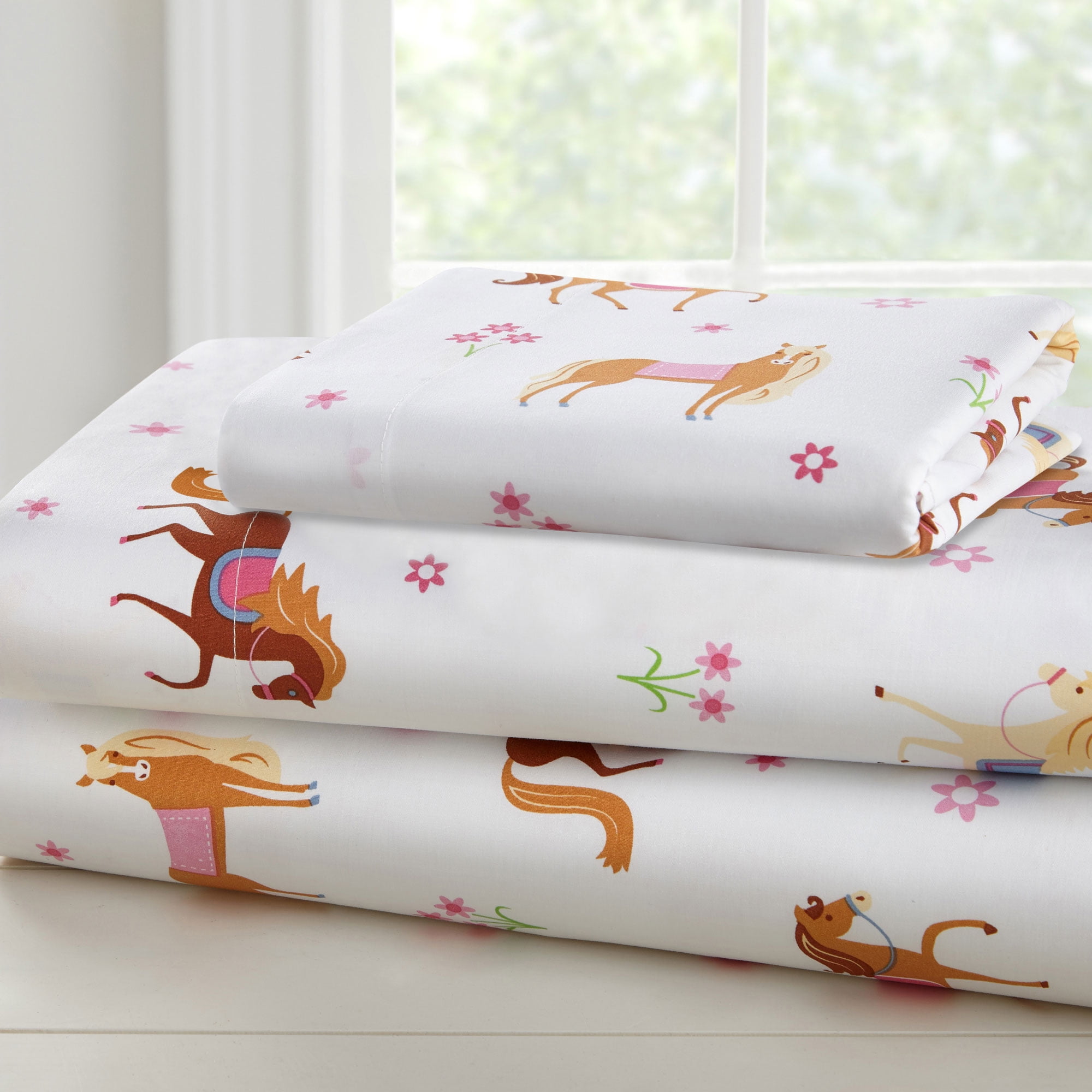 Pink and White Horse Print Microfiber Twin Sheet Set