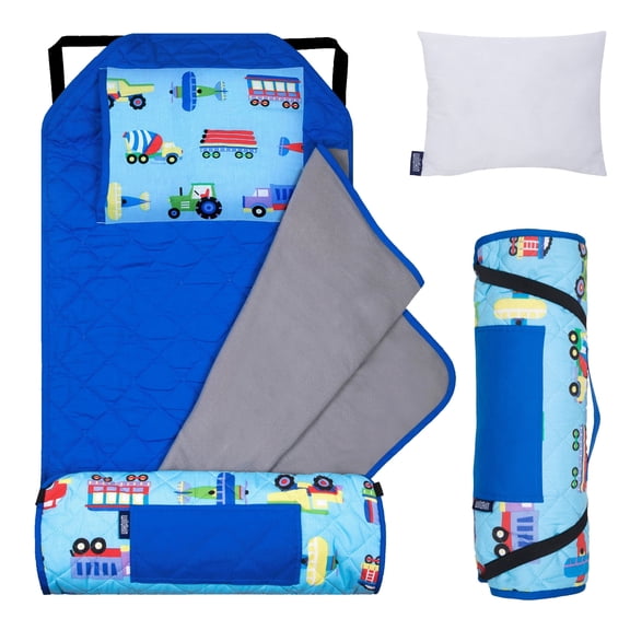 Wildkin Modern Nap Mat with Elastic Corner Straps for Toddler Boys and Girls, Daycare and Preschool (Trains, Planes & Trucks Blue)