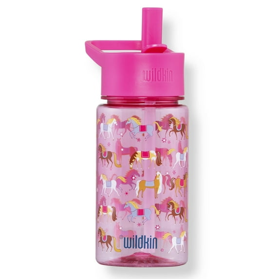 Wildkin Kids Reusable 16 Ounce Tritan Plastic Water Bottle for Boys and Girls, With Straw Top and Carrying Handle (Horses)