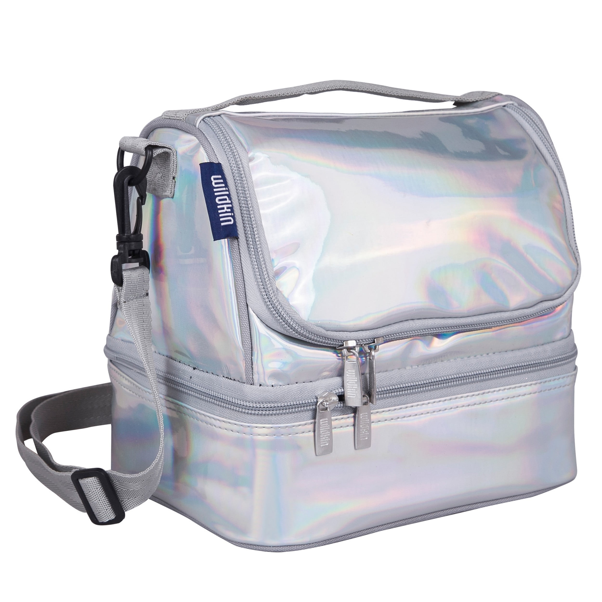 Wildkin Kids Two Compartment Insulated Reusable Lunch Bag for Boys & Girls, Includes Shoulder Strap (Holographic Silver)