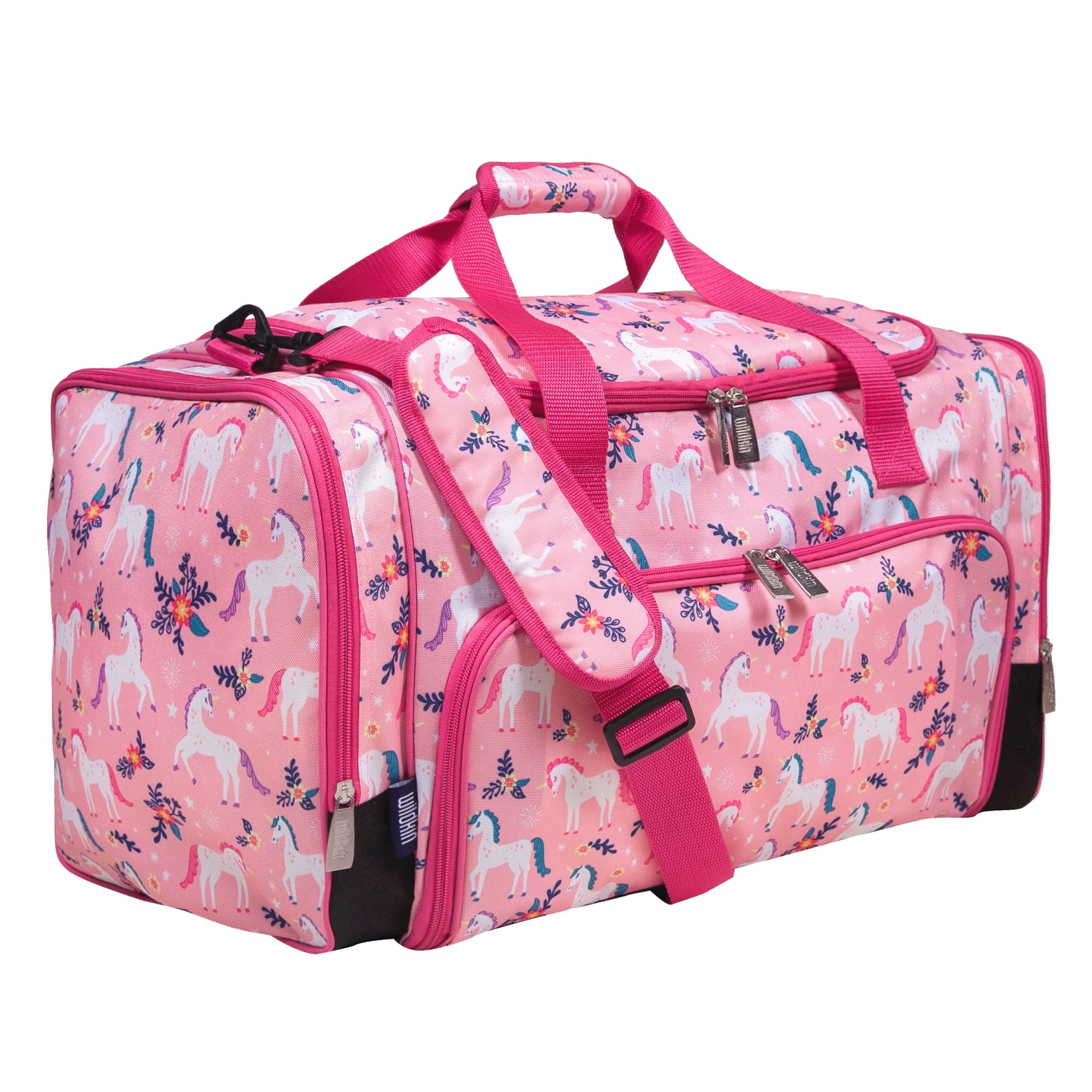 WOOMADA Kids Duffle Bag For Boys Or Girls, Kids Overnight Bag With Shoe Compartment Wet Pocket Ideal For School Practice Sports Travel Pink Green