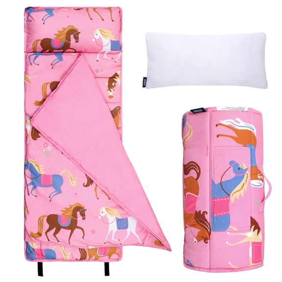 Wildkin Microfiber Nap Mat for Toddler Boys and Girls, Daycare and Preschool, Roll-up Design (Horses Pink)