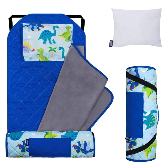 Wildkin Modern Nap Mat with Elastic Corner Straps for Toddler Boys and Girls, Daycare and Preschool (Dinosaur Land Blue)