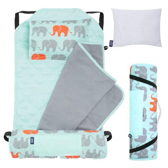 Wildkin Modern Nap Mat with Elastic Corner Straps for Toddler Boys and Girls, Daycare and Preschool (Elephants Blue)