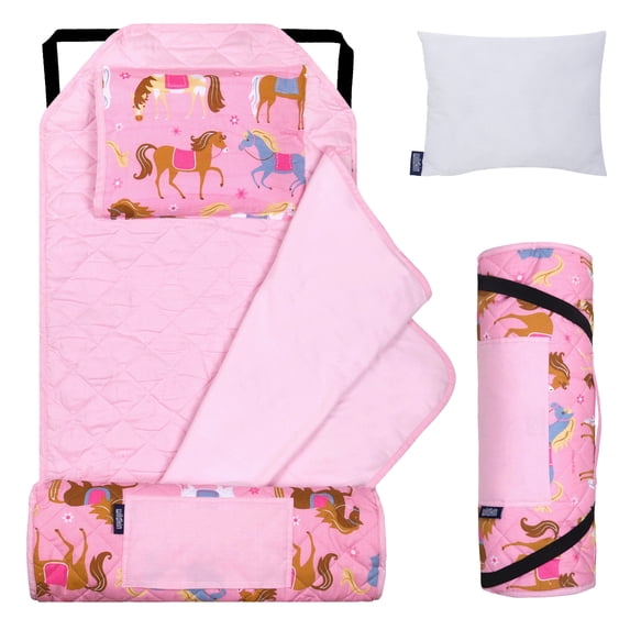 Wildkin Modern Nap Mat with Elastic Corner Straps for Toddler Boys and Girls, Daycare and Preschool (Horses Pink)