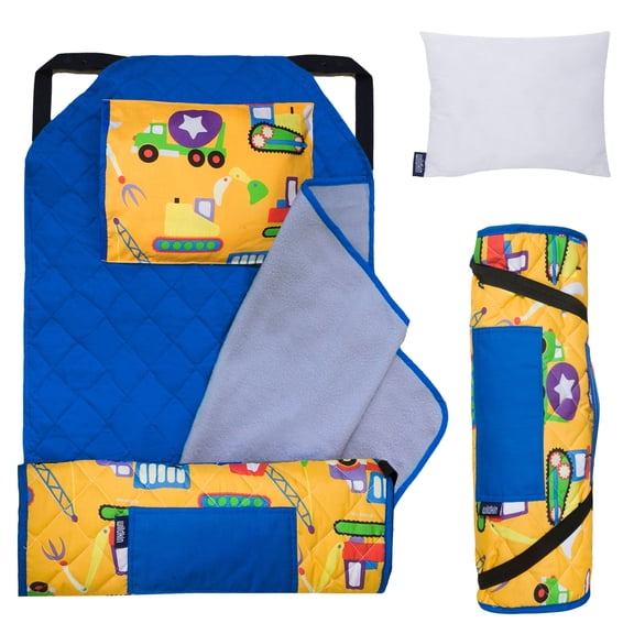 Wildkin Modern Nap Mat with Elastic Corner Straps for Toddler Boys and Girls, Daycare and Preschool (Under Construction Yellow)