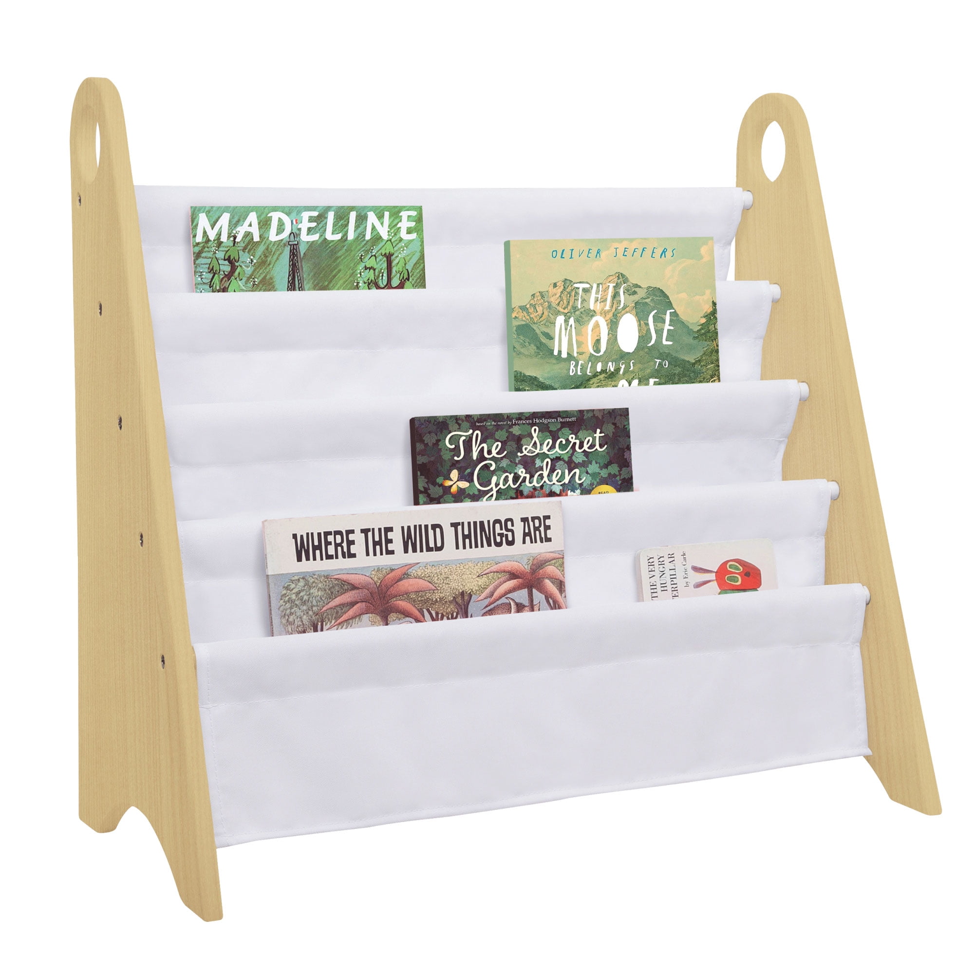 Compact White Modern Kids Sling Bookshelf with Durable Shelves