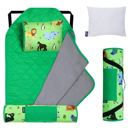 Wildkin Modern Nap Mat with Elastic Corner Straps for Toddler Boys and Girls, Daycare and Preschool (Wild Animals Green)