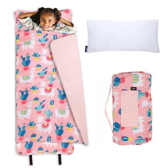 Wildkin Original Nap Mat with Pillow for Boys and Girls, Features Hook and Loop Fastener, Roll-Up Design, Soft Cotton Blend Materials (Llamas and Cactus Pink)