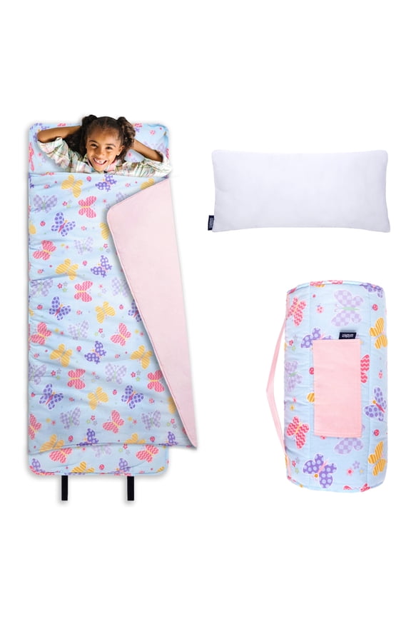 Original Nap Mat with Pillow for Boys and Girls, Features Hook and Loop Fastener, Roll-Up Design, Soft Cotton Blend Materials (Butterfly Garden)