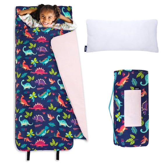 Wildkin Original Nap Mat with Pillow for Boys and Girls, Features Hook and Loop Fastener, Roll-Up Design, Soft Cotton Blend Materials (Darling Dinosaurs)